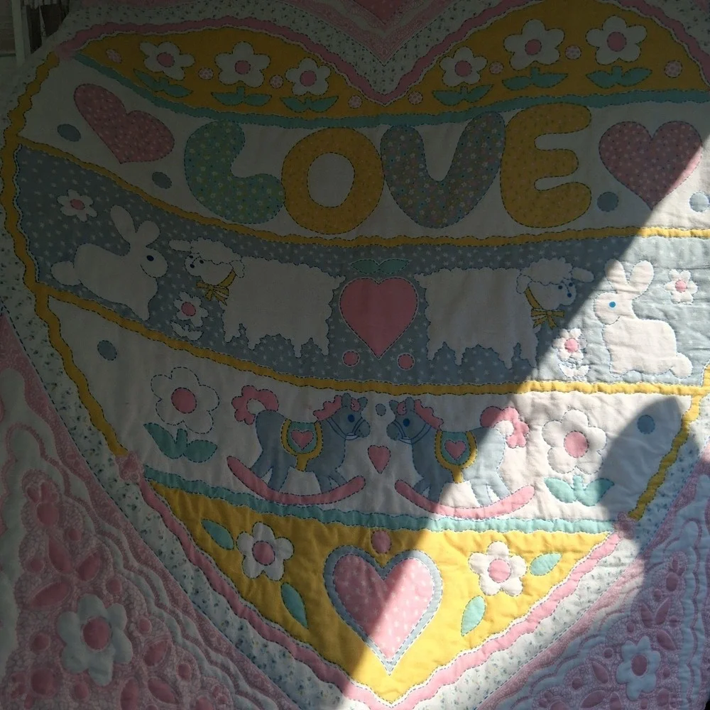 Vintage 90s Baby Quilt Blanket Pastel Hearts Bunnies Sheep Rocking Horse VGVC
